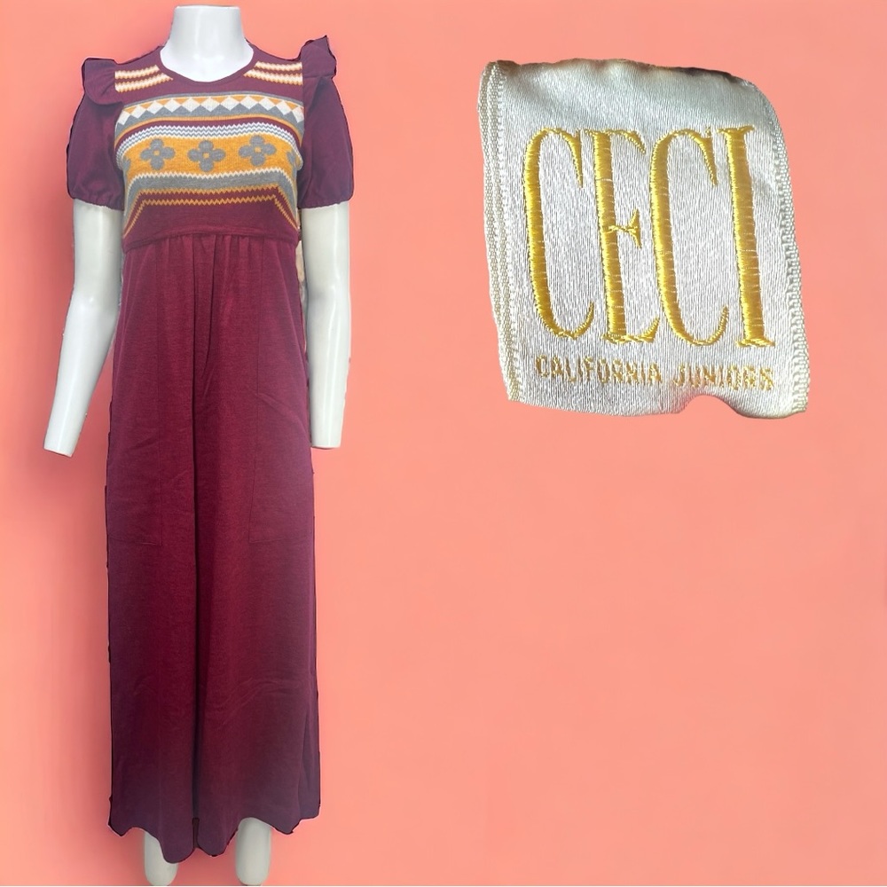 VTG 1970's CECI California Juniors Burgundy/Yellow/Gray Knit Maxi Dress XS/S